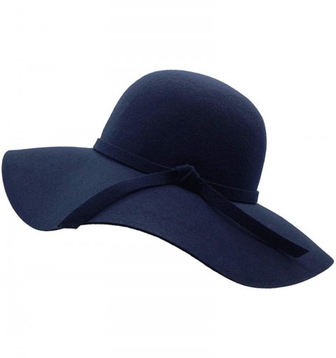 Fedoras Women's Wide Brim Wool Ribbon Band Floppy Hat - Navy - CB18M8I8YG5 $23.02