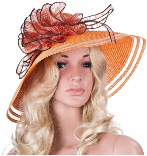 Sun Hats Womens Church Wedding Kentucky Derby Wide Brim Straw Summer Beach Hat A115 - Orange - CB11RISF1YJ $20.19