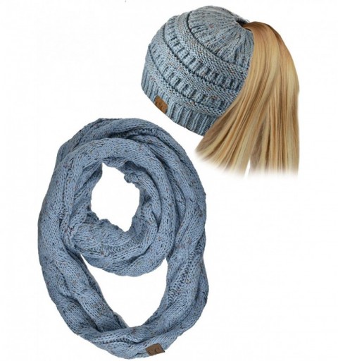 Skullies & Beanies Colorful Confetti BeanieTail Messy High Bun Cable Knit Beanie and Infinity Loop Scarf Set - Denim - CT193Z...