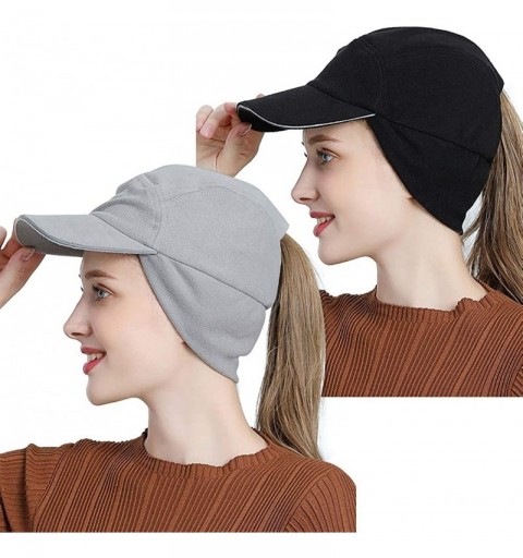 Baseball Caps Womens Winter Fleece Ponytail Cap with Drop Down Ear Warmer Messy Bun Baseball hat - 2pcs Black+grey - CT18AHI2...