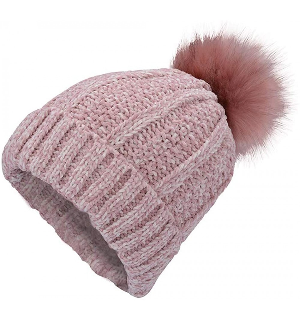Skullies & Beanies Women Winter Beanie Hats Faux Fur Pom Pom Beanie Hat - Pink-m19 - C418XMRLQ68 $12.62