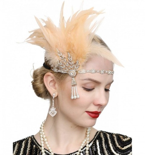 Headbands Art Deco 1920s Flapper Great Gatsby Leaf Wedding Bridal Tiara Pearl Headpiece Headband with Feather - 2-champagne -...