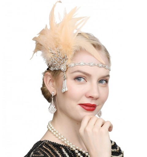 Headbands Art Deco 1920s Flapper Great Gatsby Leaf Wedding Bridal Tiara Pearl Headpiece Headband with Feather - 2-champagne -...