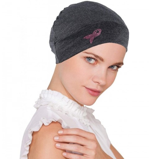 Skullies & Beanies Breast Cancer Awareness Soft Comfy Chemo Cap Hat with Pink Ribbon Metallic Rhinestud - 04- Charcoal Gray -...