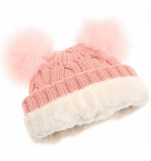 Skullies & Beanies Women's Winter Cable Knitted Faux Fur Double Pom Pom Beanie Hat with Plush Lining. - Blush With Logo - CF1...