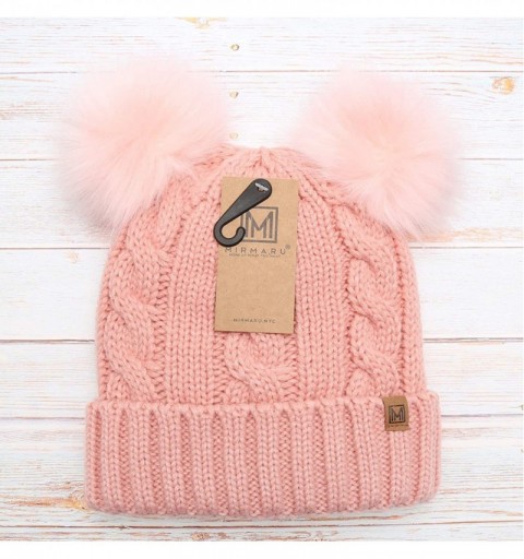 Skullies & Beanies Women's Winter Cable Knitted Faux Fur Double Pom Pom Beanie Hat with Plush Lining. - Blush With Logo - CF1...