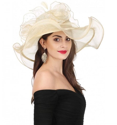 Sun Hats Women Kentucky Derby Church Beach Fascinators Hat Wide Floral Brim Flat Hat with Bowknot - New Beige - CE18H94CR94 $...