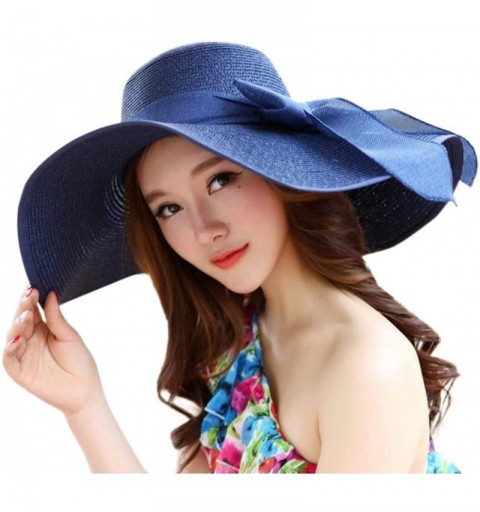 Sun Hats Women Big Brim Straw Hat Sun Floppy Wide Brim Hats New Bowknot Folding Beach Cap - Navy - C218NEE55ER $11.50