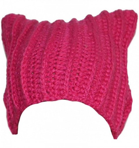 Skullies & Beanies Handmade Knitted Pussy Cat Ear Beanie Hat for Women's March Winter Gifts - Rose Red - CW189S8LL8K $11.19