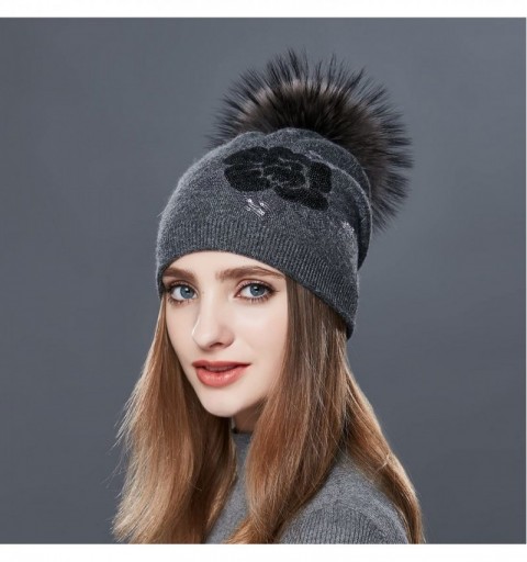 Skullies & Beanies Winter Fur Pom Bobble Cap Women Wool Slouchy Beanie Hat Chunky Skullies - Dark Gray - CS1867W76O8 $21.13