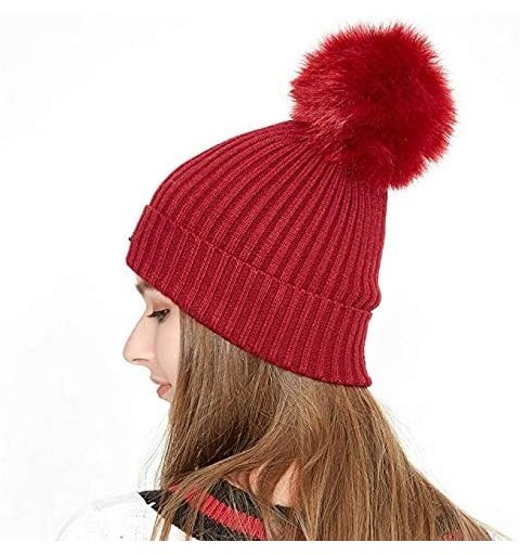 Skullies & Beanies Women Cable Knit Beanie Hat Winter Warm Pom Pom Cap Hats - Red-1 - CF18602H3IX $8.32