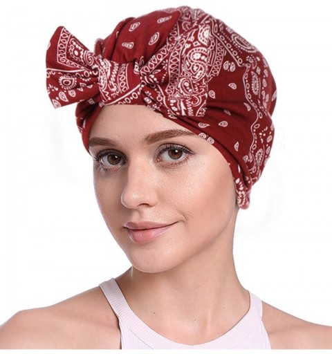 Skullies & Beanies Cotton Turbans for Women Flower Knot Headwrap Pre-Tied Bonnet Boho Pattern Chemo caps for Hair Loss - CO18...