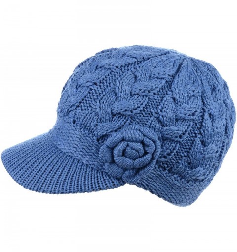 Skullies & Beanies Women's Winter Fleece Lined Elegant Flower Cable Knit Newsboy Cabbie Hat - Denim Blue Cable Flower - CM18I...