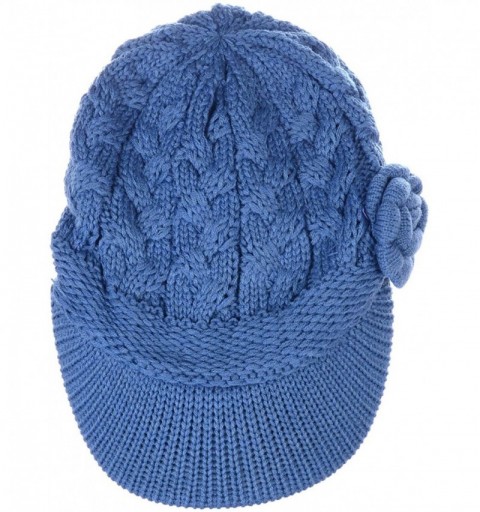 Skullies & Beanies Women's Winter Fleece Lined Elegant Flower Cable Knit Newsboy Cabbie Hat - Denim Blue Cable Flower - CM18I...