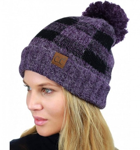 Skullies & Beanies Soft Stretch Pom Pom Fuzzy Lined Buffalo Plaid Cuff Beanie Hat - Purple/Black - C8187C0C234 $17.45