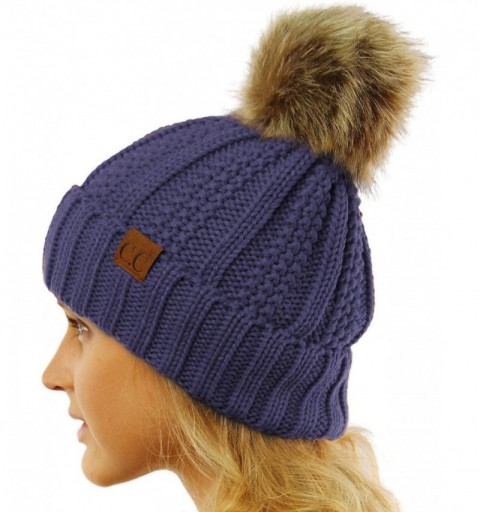 Skullies & Beanies Winter Sherpa Fleeced Lined Chunky Knit Stretch Pom Pom Beanie Hat Cap - Solid Dk. Denim - CG18K2QSXNM $15.96