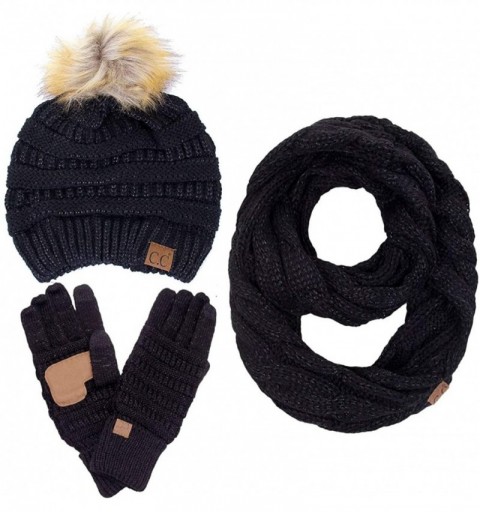 Skullies & Beanies 3pc Set Trendy Warm Chunky Soft Stretch Cable Knit Pom Pom Beanie- Scarves and Gloves Set - Metallic Black...