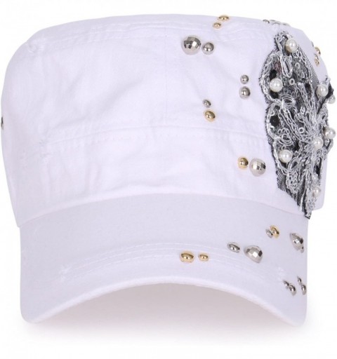Baseball Caps Vintage Distressed Cotton Rhinestone Embellished Hat Military Cadet Cap - White - C112DOILBR7 $33.85