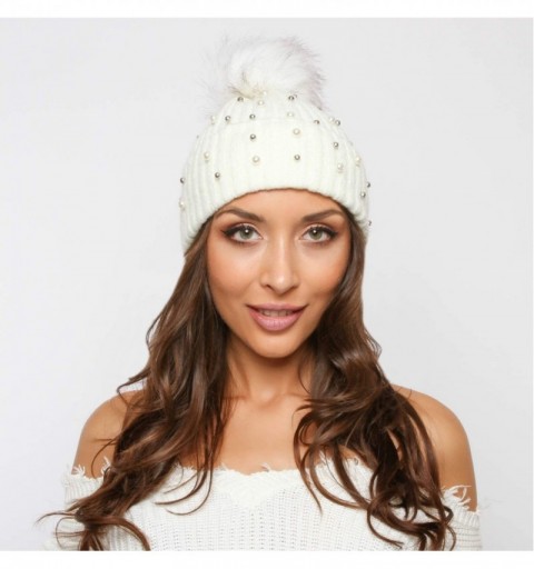 Skullies & Beanies Knit Wool Winter Beanie with Pom Embellished with Faux White and Silver Pearls - Ivory - C618K5A0ENU $14.67
