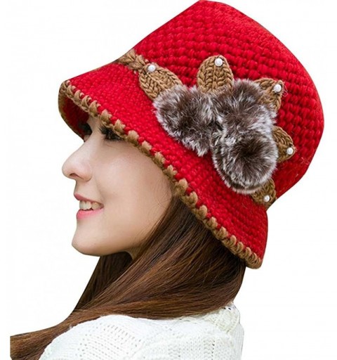 Bucket Hats Women Color Winter Hat Crochet Knitted Flowers Decorated Ears Cap with Visor - Red - C318LH3GG7U $17.83