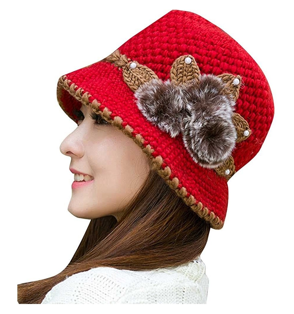 Bucket Hats Women Color Winter Hat Crochet Knitted Flowers Decorated Ears Cap with Visor - Red - C318LH3GG7U $10.07