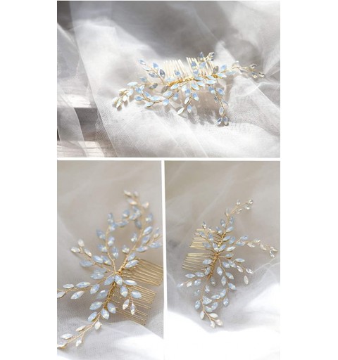 Headbands Bridal Crsytal Hair Accessories Blue Opal Crystal Handmade Bridal Headpiece - Golden Set (Headband and Comb) - CW18...
