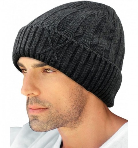 Skullies & Beanies Men's Wool Blend Knit Beanie- Soft & Warm Velour Fleece Lined - Stripe Stitch - Dark Gray - CI12N2L4JHV $1...