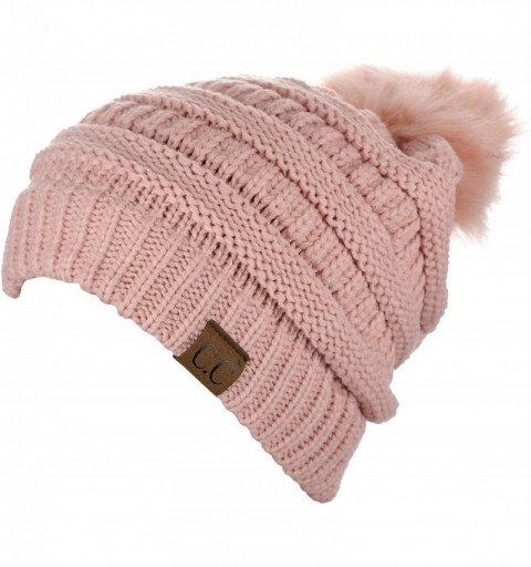 Skullies & Beanies Exclusive Soft Stretch Cable Knit Faux Fur Pom Pom Beanie Hat - Indi Pink Pom - C418I4EG6CR $18.84