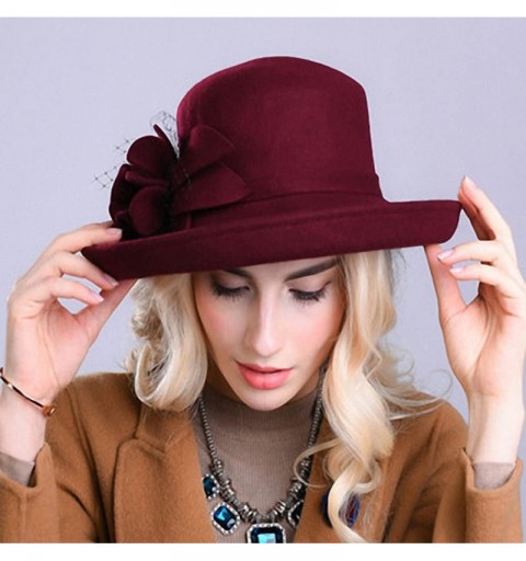Fedoras Women's Wide Brim Wool Felt Bowler Hat Wine Red - CL12MCI8RCH $29.99