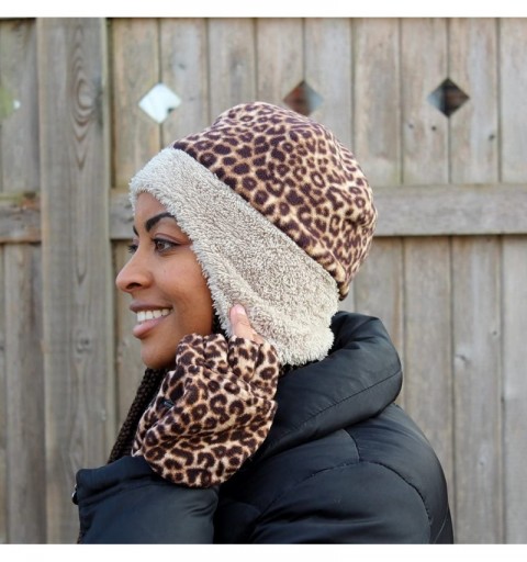 Skullies & Beanies Reversible Fleece Hat with Faux Fur Trim- Womens Winter Hat with Ear Flaps - Black/Leopard - CU1203OO59V $...