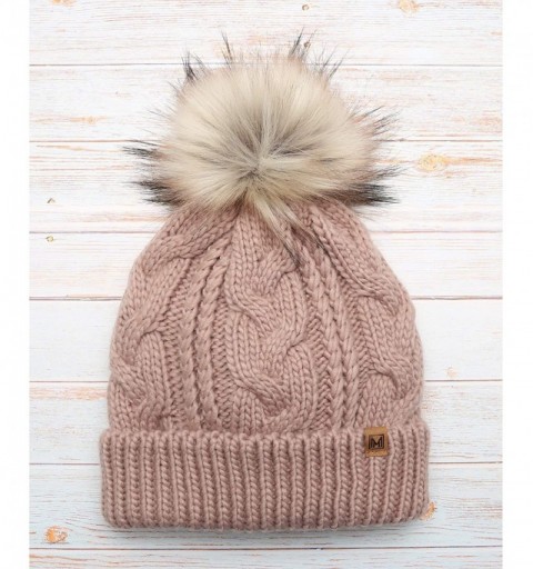 Skullies & Beanies Women's Soft Faux Fur Pom Pom Slouchy Beanie Hat with Sherpa Lined- Thick- Soft- Chunky and Warm - Blush -...