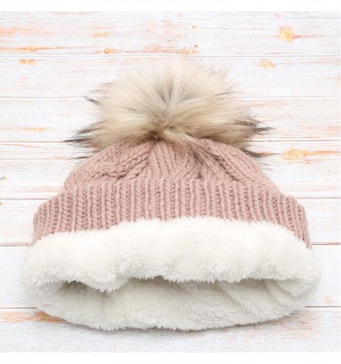 Skullies & Beanies Women's Soft Faux Fur Pom Pom Slouchy Beanie Hat with Sherpa Lined- Thick- Soft- Chunky and Warm - Blush -...