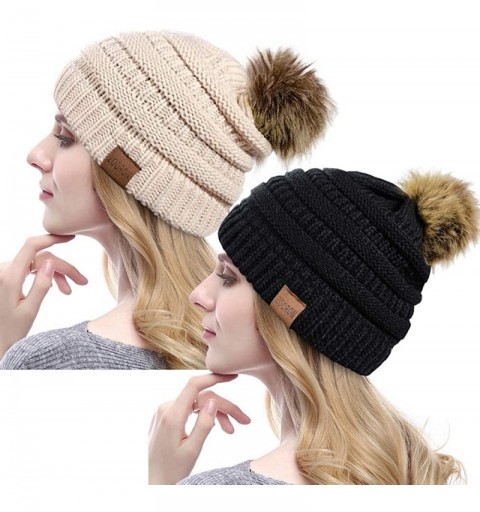 Skullies & Beanies Pompom Beanie for Women-Faux Fur Winter Soft Warm Beanie Hat Cable Knit Slouchy - Style2-2pack-black/Beige...