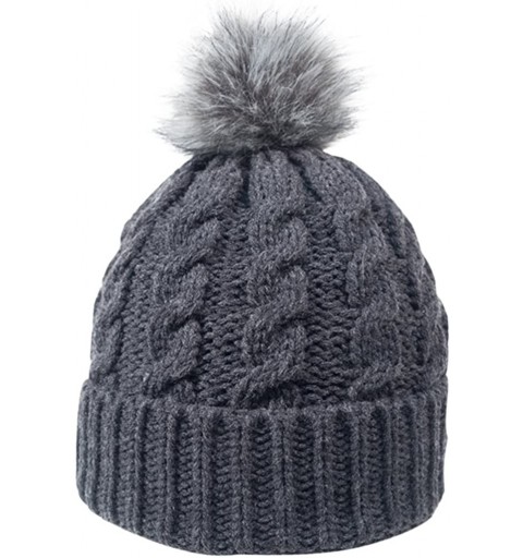 Skullies & Beanies Women's Winter Soft Knit Beanie Hat with Faux Fur Pom Pom - No Fleece Lined_charcoal - CE188HNX5ZW $13.63