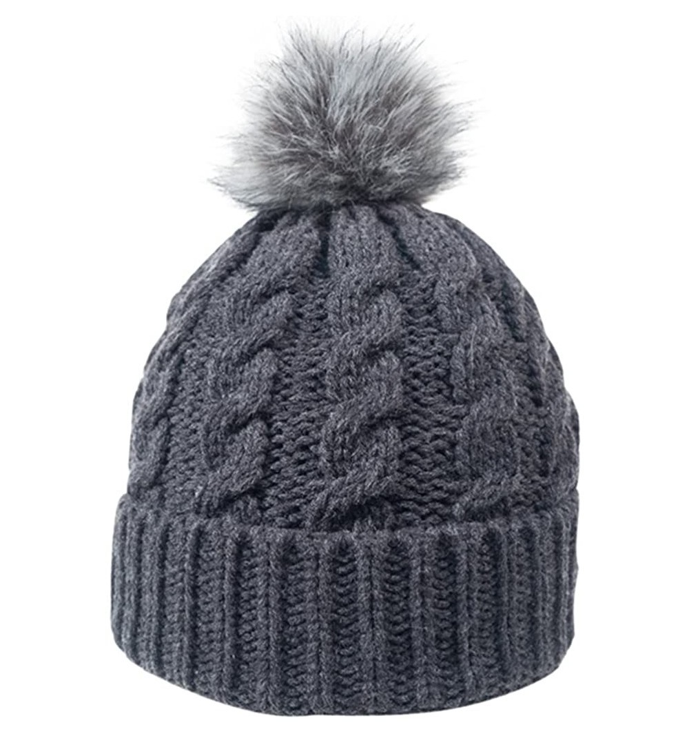 Skullies & Beanies Women's Winter Soft Knit Beanie Hat with Faux Fur Pom Pom - No Fleece Lined_charcoal - CE188HNX5ZW $13.63