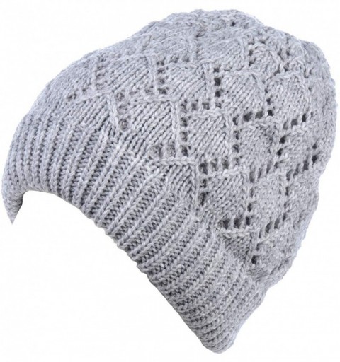 Skullies & Beanies Winter Womens Fashion Bun Ponytail Fleece Lined Slouchy Knit Beanie Hat - Diamond Knit Lt.gray - CK18LY9CT...