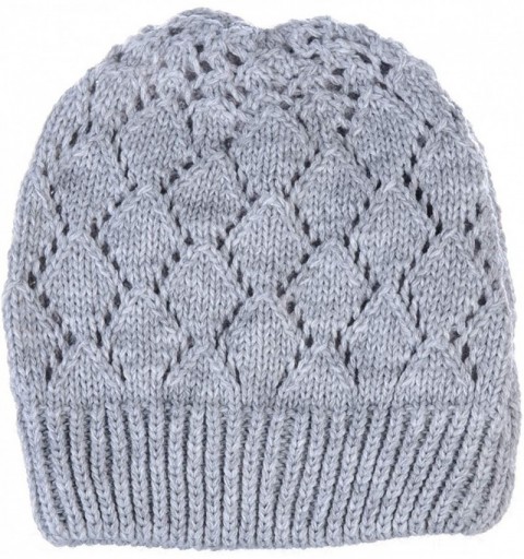 Skullies & Beanies Winter Womens Fashion Bun Ponytail Fleece Lined Slouchy Knit Beanie Hat - Diamond Knit Lt.gray - CK18LY9CT...