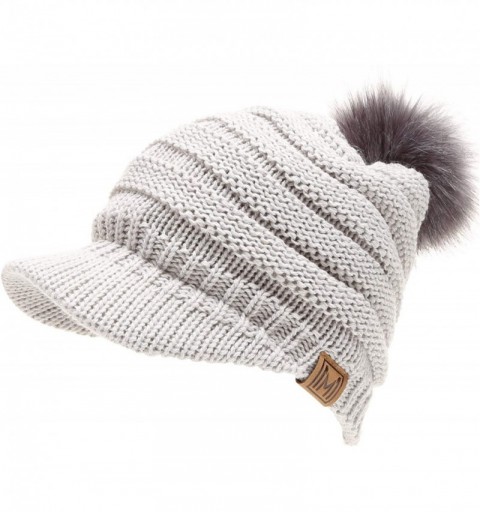Skullies & Beanies Women's Soft Warm Ribbed Knit Visor Brim Pom Pom Beanie Hat with Plush Lining - Light Grey - CN18HE0R8IT $...