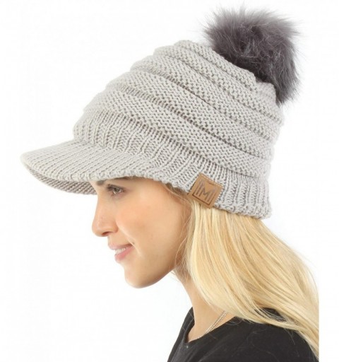 Skullies & Beanies Women's Soft Warm Ribbed Knit Visor Brim Pom Pom Beanie Hat with Plush Lining - Light Grey - CN18HE0R8IT $...