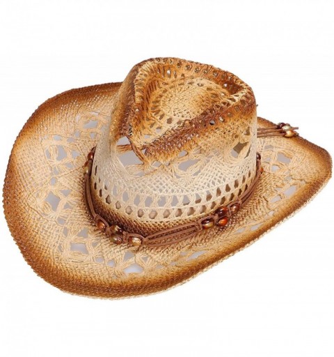 Cowboy Hats Men and Women Sun Hat Costume Straw Cowboy Hat with Decors - Brown Bead - CL18HN8EEG5 $18.41