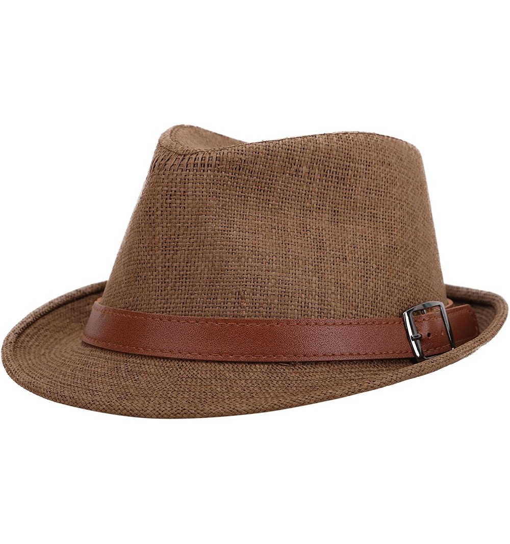 Fedoras Men/Women's UV Sun Protective Straw Fedora Hat w/Leather Buckle Band - Dk Brown Hat Brown Belt - CO183A7EART $16.84
