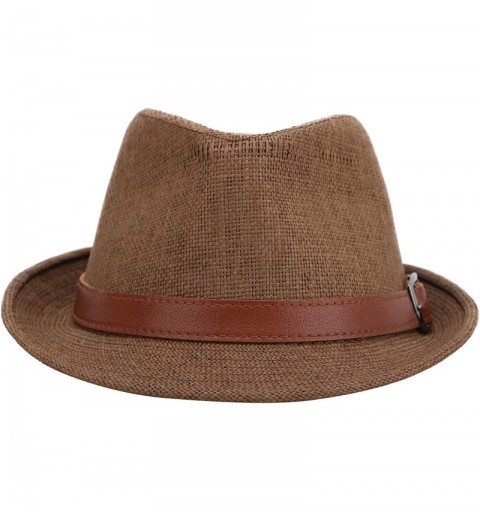 Fedoras Men/Women's UV Sun Protective Straw Fedora Hat w/Leather Buckle Band - Dk Brown Hat Brown Belt - CO183A7EART $16.84