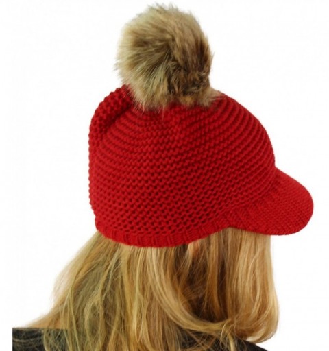 Skullies & Beanies Fur Pom Pom Visor Bill UV Sun Thick Stretchy Knit Beanie Skully Cap Hat - Red - CZ12KAN10N3 $11.08