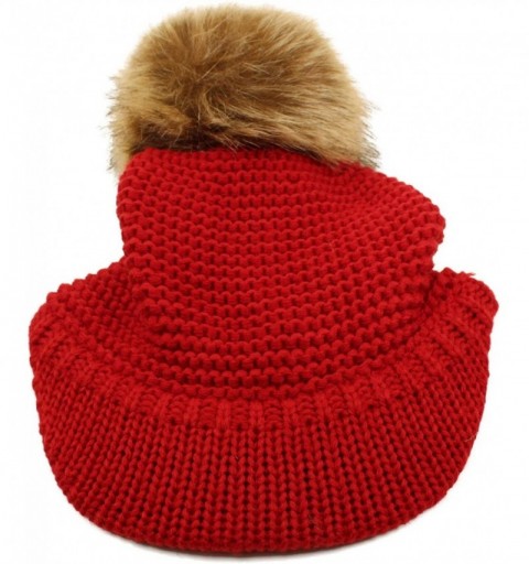 Skullies & Beanies Fur Pom Pom Visor Bill UV Sun Thick Stretchy Knit Beanie Skully Cap Hat - Red - CZ12KAN10N3 $11.08