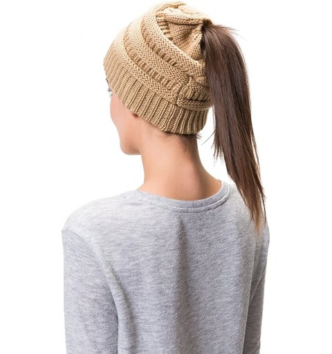 Skullies & Beanies Women Cable Knit BeanieTail Messy Bun Ponytail Cap Warm Winter Beanie Hat - Camel - CS18WOR6IQQ $8.89