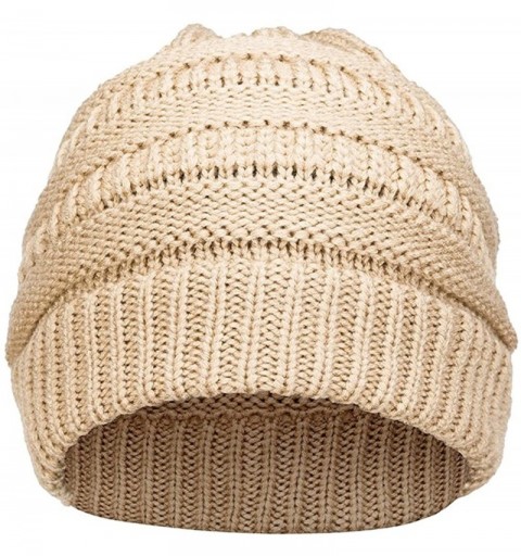 Skullies & Beanies Women Cable Knit BeanieTail Messy Bun Ponytail Cap Warm Winter Beanie Hat - Camel - CS18WOR6IQQ $8.89