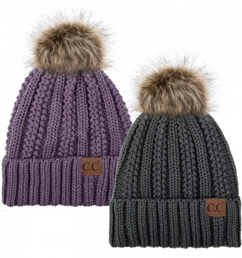 Skullies & Beanies Thick Cable Knit Hat Faux Fur Pom Fleece Lined Cap Cuff Beanie 2 Pack - Dk Melange/Violet - CZ1924AGWQZ $2...