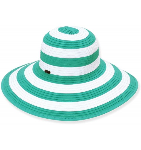 Sun Hats Crushable Stripe Ribbon Wide Brim Sun Hat 384 - E. Teal - CY11L6W5SOL $21.45