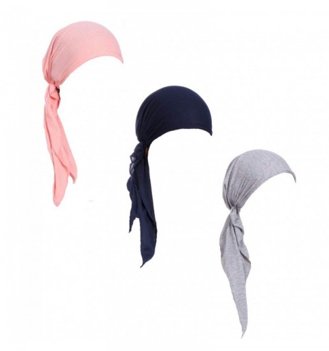Skullies & Beanies Pre tied Head Scarves 3 Packed Slip On Beanies Chemo Covers Cap for Women (D2-Long Strap-3 packed) - C5195...