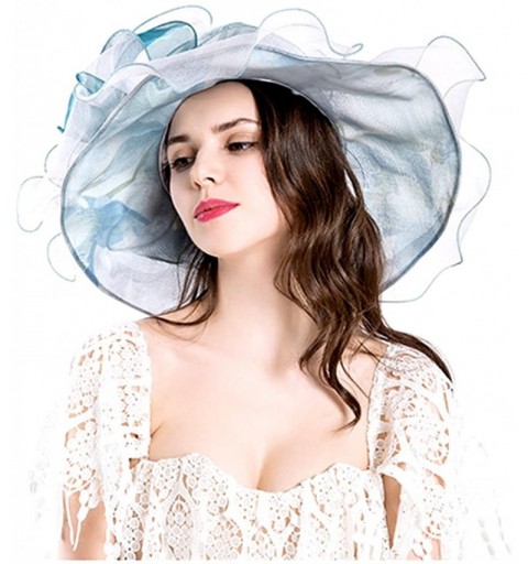Sun Hats Women Foldable Organza Church Derby Hat Ruffles Wide Brim - Blue - CW17Z6DHAI8 $10.78